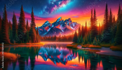Majestic Mountain Reflection in a Starry Night - A captivating landscape featuring a majestic mountain range reflected in a serene lake, set against a vibrant sunset and a mesmerizing starry sky. - A  © Tida