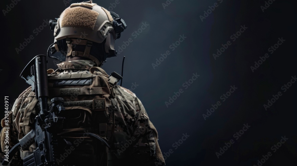 The fighter of the special unit turned and threateningly looks at the enemy. Back view The fighter of the special unit turned and threateningly looks at the enemy. Back view