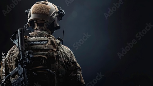 The fighter of the special unit turned and threateningly looks at the enemy. Back view