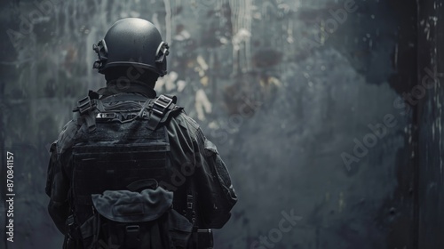 The fighter of the special unit turned and threateningly looks at the enemy. Back view