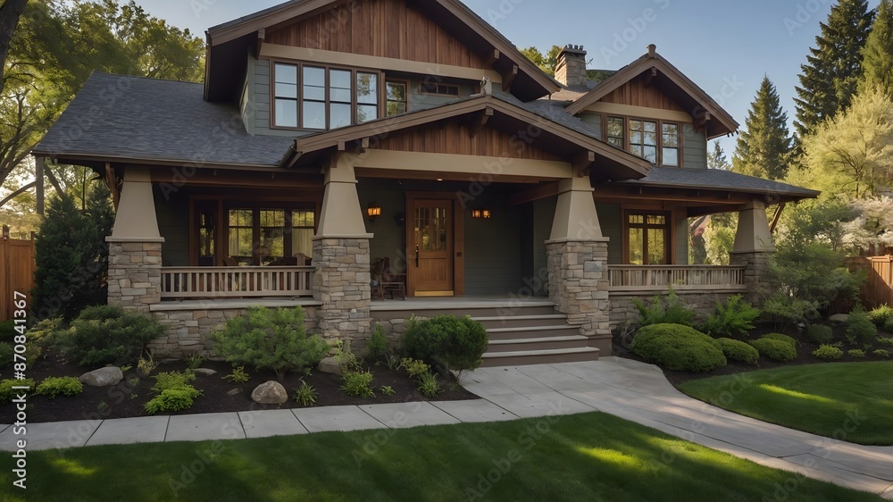 Beautiful custom built craftsman style home car garage with wooden doors lush landscaping with spring foliage and shadows dappling the yard Beautiful custom built craftsman style home car garage with wooden doors lush landscaping with spring foliage and shadows dappling the yard