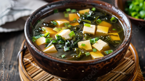 Traditional Japanese Miso Soup with Tofu, Seaweed, and Green Onions in a Rustic Bowl