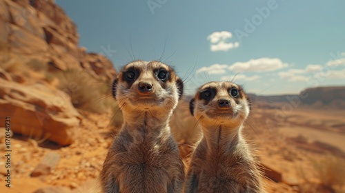 A family of meerkats standing on their hind legs, curiously surveying their surroundings in the desert.