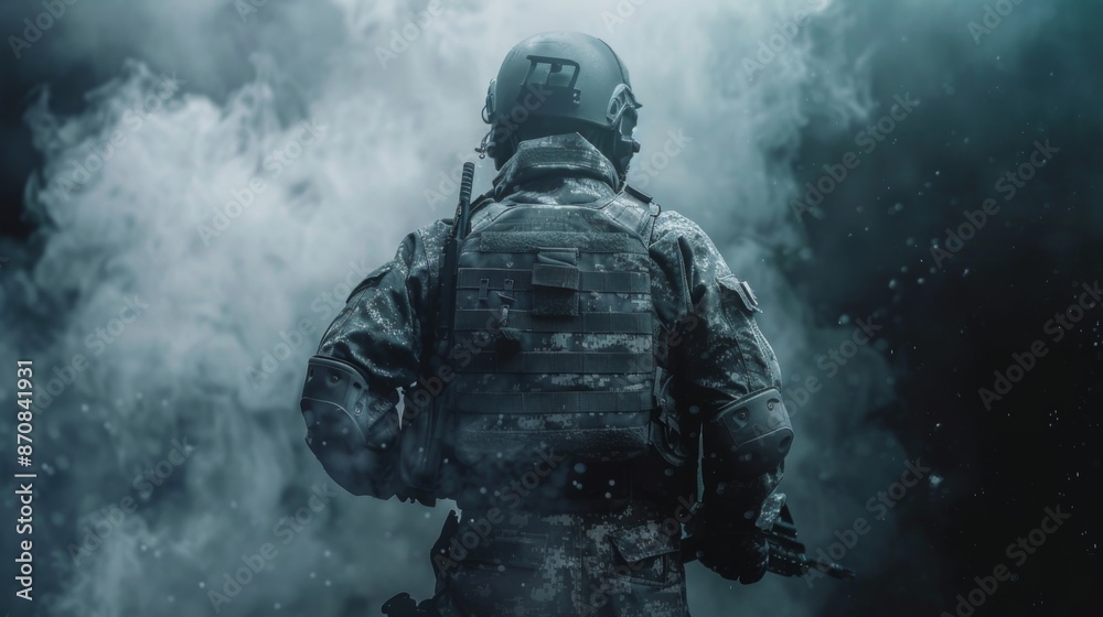 The fighter of the special unit turned and threateningly looks at the enemy. Back view The fighter of the special unit turned and threateningly looks at the enemy. Back view