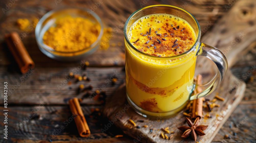 Traditional golden milk with turmeric, cinnamon, and star anise in a glass mug on a rustic wooden table Traditional golden milk with turmeric, cinnamon, and star anise in a glass mug on a rustic wooden table