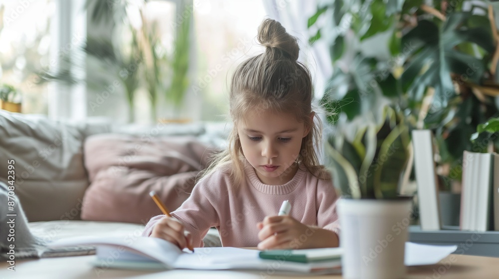 Child doing homework, focusing intently on school assignments in a quiet, study environment. Child doing homework, focusing intently on school assignments in a quiet, study environment.
