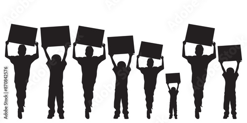 Set Of Vector Silhouette People Crowd Protesters Holding Protest Posters Men Women  & Children With Blank Vote Placards  Protest Concept. Isolated On Transparent Background.