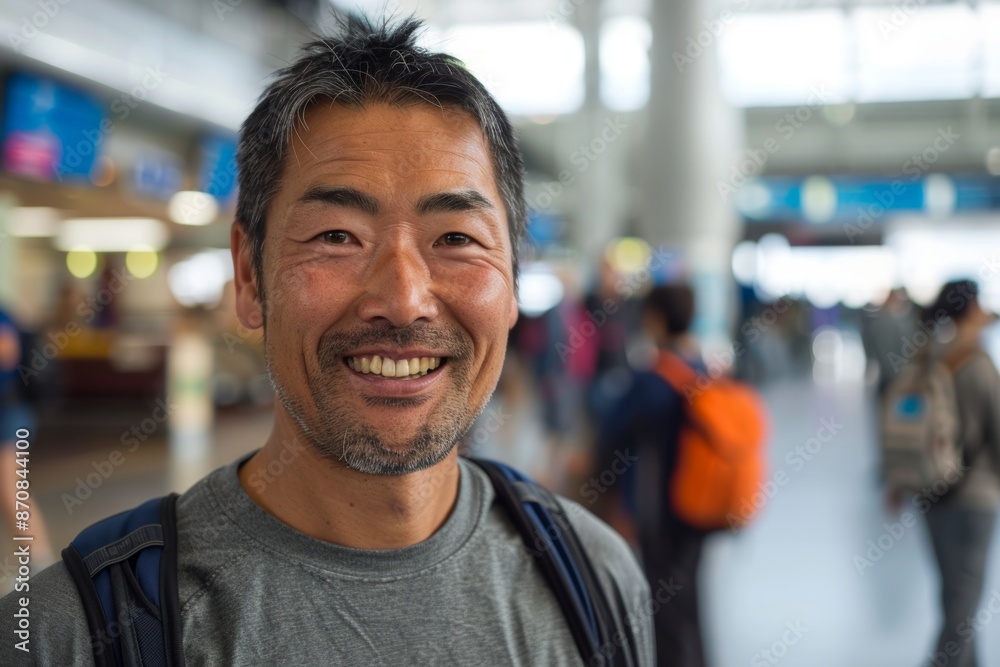 Portrait of a joyful asian man in his 30s sporting a technical climbing shirt on bustling airport terminal background Portrait of a joyful asian man in his 30s sporting a technical climbing shirt on bustling airport terminal background