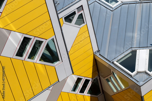 Kubuswoning or Cube Houses building with striking triangular windows and intricate patterns, showcasing modern architectural aesthetics and dynamic design in Rotterdam photo