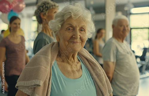 smiling senior woman at an aerobics class with group of people, in the gym wearing light blue shirt and white towel around neck