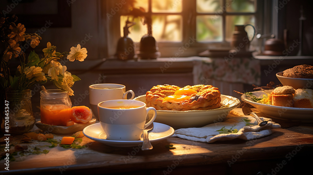 Breakfast with coffee, croissants and fruit on wooden table by the window in the morning light Breakfast with coffee, croissants and fruit on wooden table by the window in the morning light