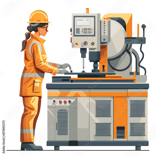 portrait of factory worker in protective uniform and hardhat standing by industrial machine at production line. people working in industry isolated on white background, flat design, png © Anton