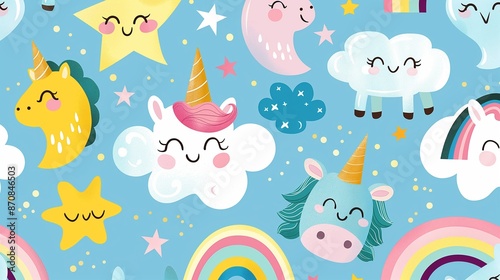 Fun and friendly pattern featuring cute, cartoon-style characters like smiling clouds, stars, and rainbow-colored animals, creating a playful and whimsical design.

