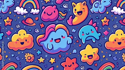 Fun and friendly pattern featuring cute, cartoon-style characters like smiling clouds, stars, and rainbow-colored animals, creating a playful and whimsical design.