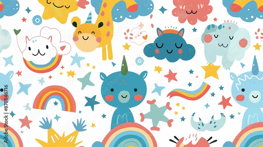 Fun and friendly pattern featuring cute, cartoon-style characters like smiling clouds, stars, and rainbow-colored animals, creating a playful and whimsical design.
Fun and friendly pattern featuring cute, cartoon-style characters like smiling clouds, stars, and rainbow-colored animals, creating a playful and whimsical design.