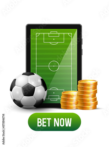 Sports betting advertising banner. Tablet with a football field on the screen. Soccer ball and gold coins. Vector illustration.