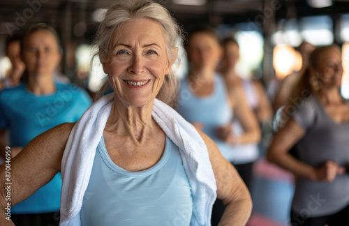 smiling senior woman at an aerobics class with group of people, in the gym wearing light blue shirt and white towel around neck © Kien