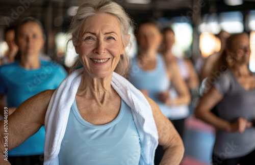 smiling senior woman at an aerobics class with group of people, in the gym wearing light blue shirt and white towel around neck