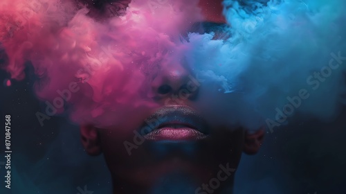 Abstract image of a person's face partially obscured by colorful smoke, creating a surreal and artistic atmosphere.
