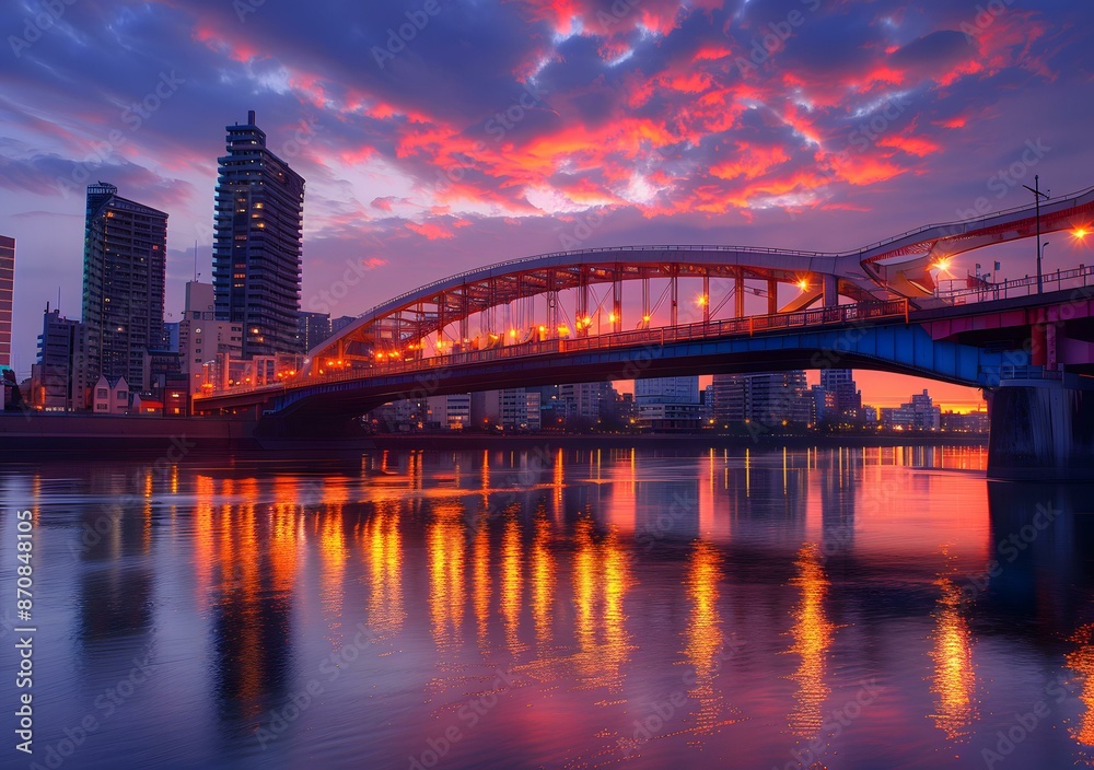 Obraz premium Cityscape Bridge Sunset Reflection