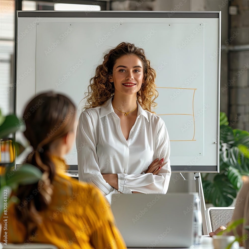 © Samon - Confident businesswoman presenting in office meeting, standing with arms crossed in front of whiteboard.