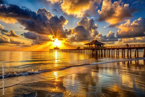 Golden sunrise breaks over calm Gulf of Mexico waters, behind silhouetted pier, with warm light illuminating Naples Beach's serene and peaceful morning landscape. photo