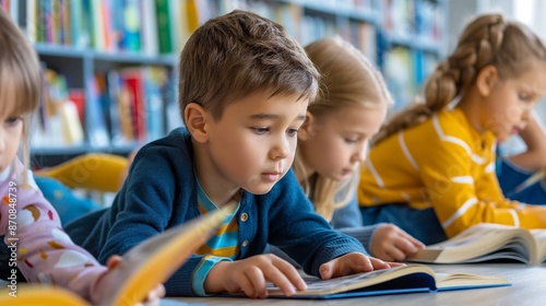 Kids learning in a school classroom, engaged in various educational activities, fostering a positive and interactive learning environment.


