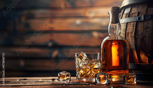 Whiskey with ice cubes in glass, bottle and barrel on wooden table