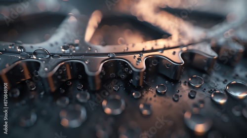 Close-up of a metal gear with water droplets. High-resolution industrial image showcasing detailed texture and reflective surface. Ideal for mechanics.