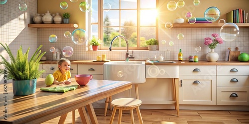 A warm and inviting kitchen scene featuring a spotless sink with soap bubbles, a small stool, and a colorful wall decoration, evoking a sense of family bonding.
