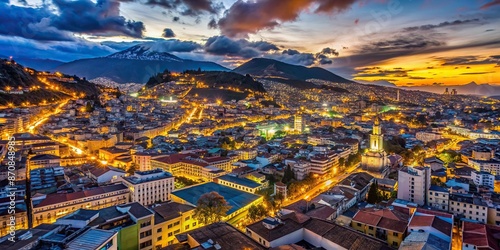Vibrant nighttime aerial view of Quito, Ecuador, showcasing cityscape lit up after sunset, with colorful buildings, streets, and mountains under starry evening sky.