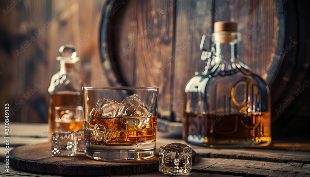 Whiskey with ice cubes in glass, bottle and barrel on wooden table Whiskey with ice cubes in glass, bottle and barrel on wooden table