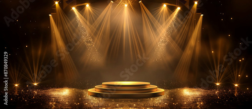 Golden light rays background with round podium for product presentation or stage for award ceremony