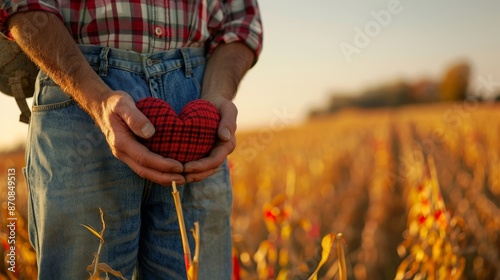 Farmer holding plaid heart at golden hour in field - A farmer in a plaid shirt holding a handmade plaid heart while standing in a field during golden hour, symbolizing love, labor, and the soulful con photo