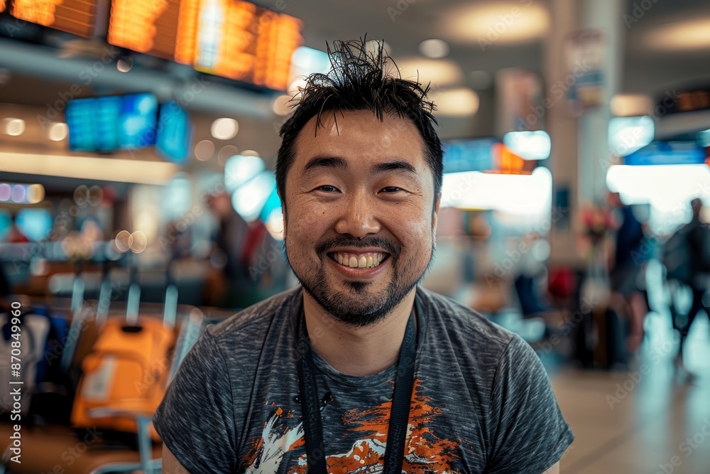 Portrait of a joyful asian man in his 30s sporting a technical climbing shirt in bustling airport terminal background Portrait of a joyful asian man in his 30s sporting a technical climbing shirt in bustling airport terminal background