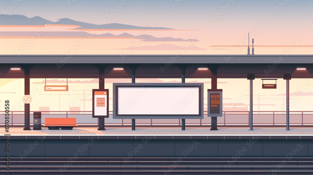 Empty train station platform at sunset with empty billboard and modern architecture. Peaceful and serene urban setting. Empty train station platform at sunset with empty billboard and modern architecture. Peaceful and serene urban setting.