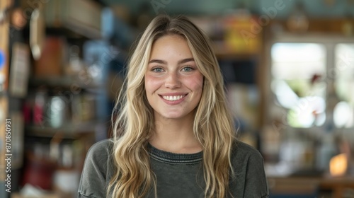 The young blonde supermodel is smiling in the craft room. She is wearing casual clothes with detailed facial features, reflecting her passion and joy in the creative environment