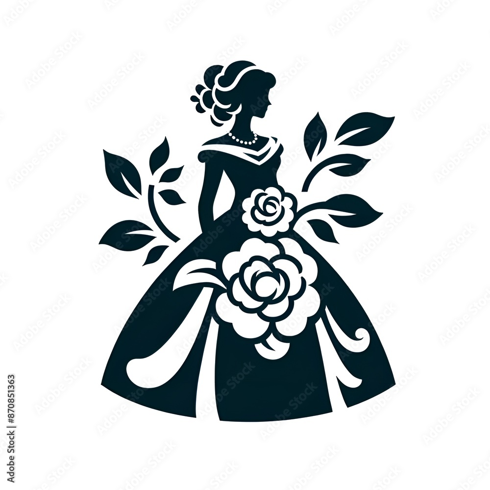 Obraz premium black and white isolated illustration depicting a graceful woman in a flowing dress adorned with intricate floral patterns