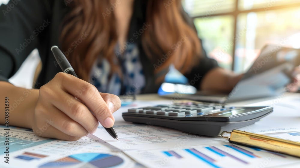 Fototapeta premium Woman accountant use calculator and computer with holding pen on