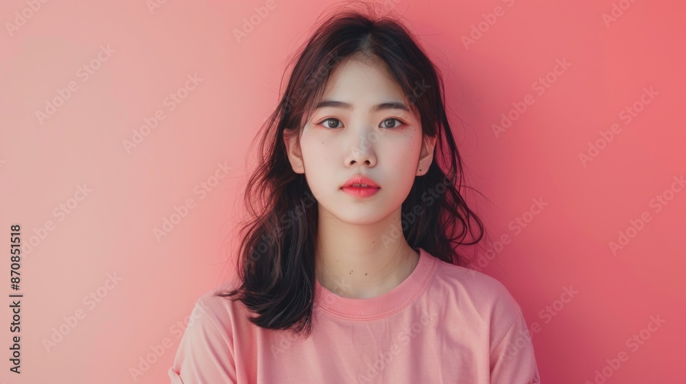 Young pretty Asian woman model wearing tshirt looking at camera standing on color background Young pretty Asian woman model wearing tshirt looking at camera standing on color background