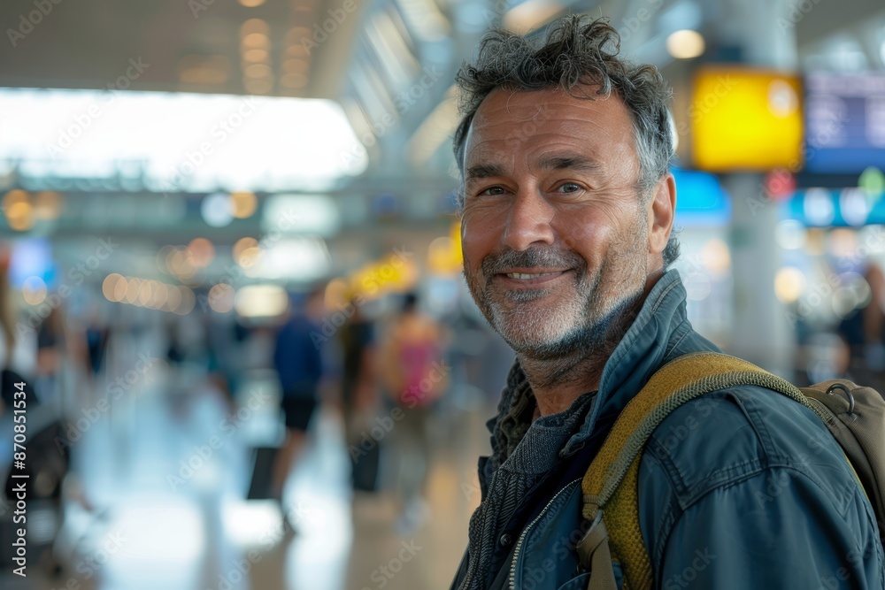 Portrait of a blissful man in his 40s wearing a trendy bomber jacket while standing against bustling airport terminal background