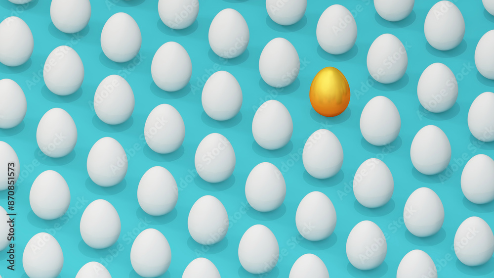 Isometric pattern of eggs with one gold egg on pastel blue background. Success, value, achievement, discover, or Easter concept. 3D illustration render.
Isometric pattern of eggs with one gold egg on pastel blue background. Success, value, achievement, discover, or Easter concept. 3D illustration render.