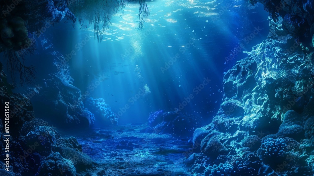 Fototapeta premium Underwater Sea - Deep Abyss With Blue Sun light