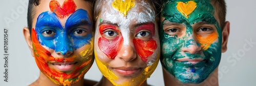 Three faces painted with colorful heart patterns together. - Close shot of three individuals with vibrant, intricate face paintings featuring heart shapes, representing joy, unity, and creative expres photo