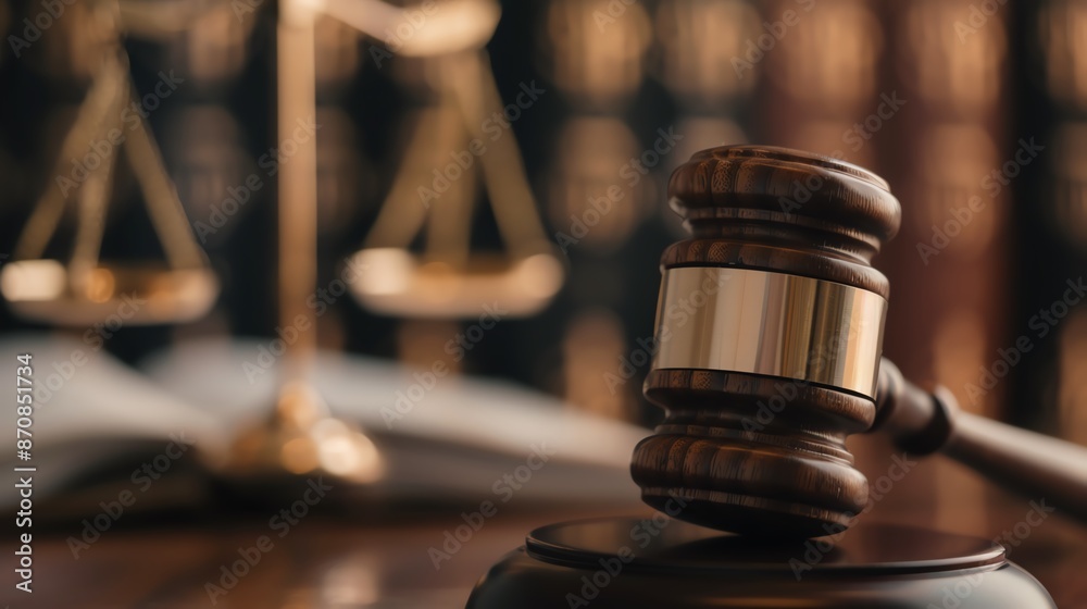 Wooden gavel resting on a desk with justice scales and law books in the background, symbolizing the judicial system and legal proceedings. Wooden gavel resting on a desk with justice scales and law books in the background, symbolizing the judicial system and legal proceedings.