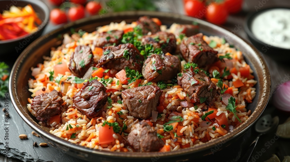 Delicious and Savory Rice Dish with Meat and Vegetables