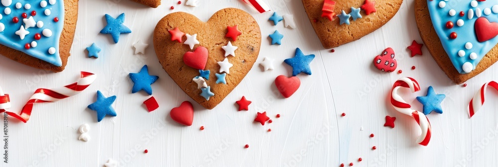 Obraz premium Heart cookies with blue icing and patriotic decorations - Heart-shaped cookies with blue and white icing, adorned with red, white, and blue stars and stripes, set against a white background, suggestin