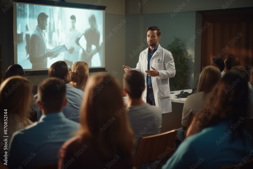 Fototapeta premium young medical professional giving lecture or presentation standing by screen at seminar and speaking to audience