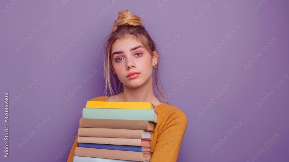 Young woman with stack of books on lilac background, with copy space (17)-up.jpeg, Young woman with stack of books on lilac background, with copy space Young woman with stack of books on lilac background, with copy space (17)-up.jpeg, Young woman with stack of books on lilac background, with copy space