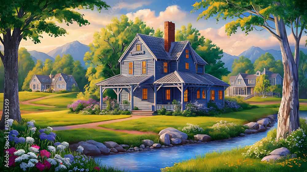 Oil painting on canvas summer landscape with wooden old house in middle house top blue colour, beautiful flowers and trees and house font river with flower tree image 4k 8k download Oil painting on canvas summer landscape with wooden old house in middle house top blue colour, beautiful flowers and trees and house font river with flower tree image 4k 8k download